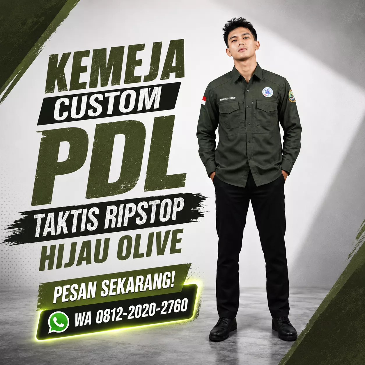 Vendor kemeja custom bahan ripstop hijau olive